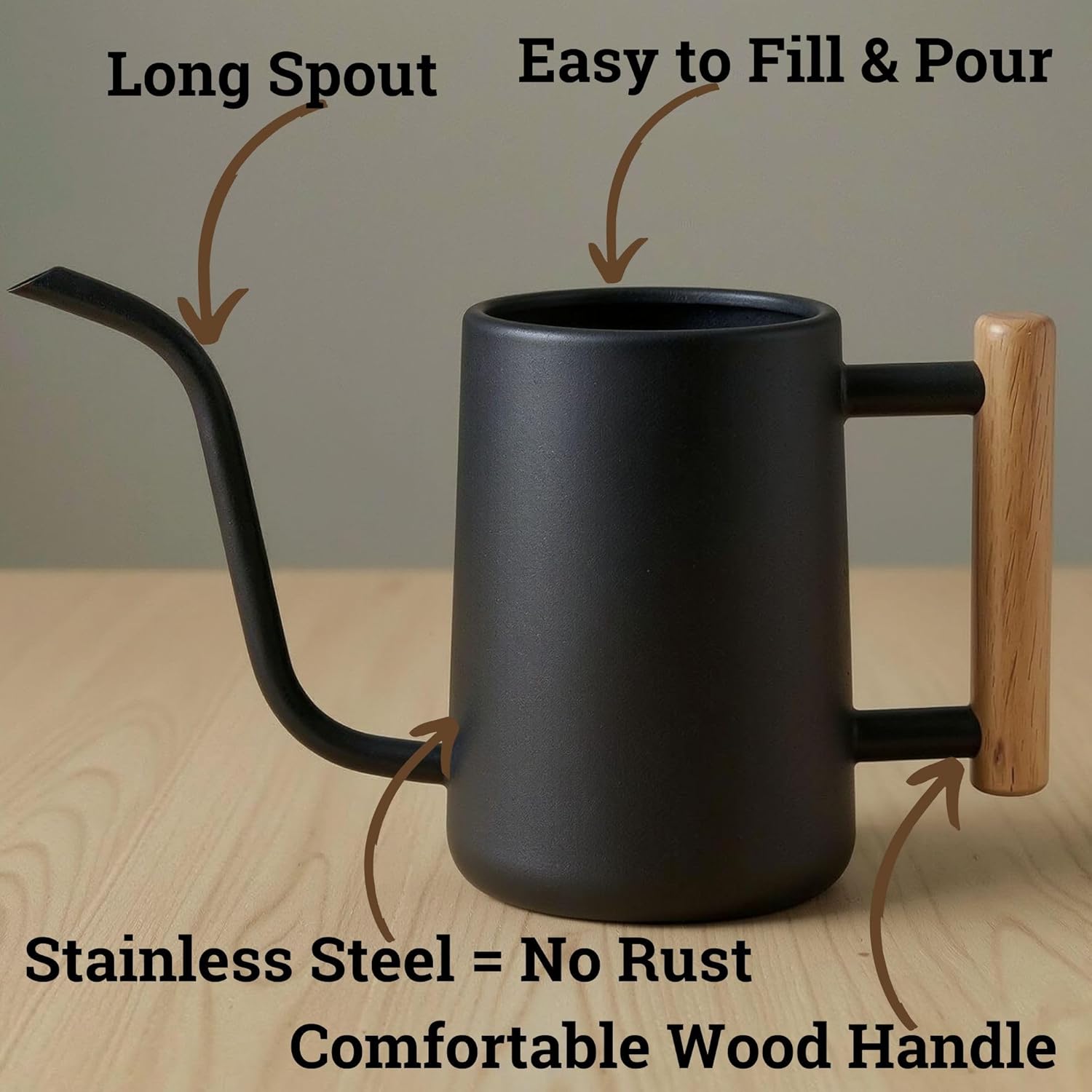 Metal small indoor watering can with long spout & real wood handle, 35oz | long spout, stainless steel, real wood handle, gentle flow, no spills, suitable for house plants, succulents & seedlings - view 2