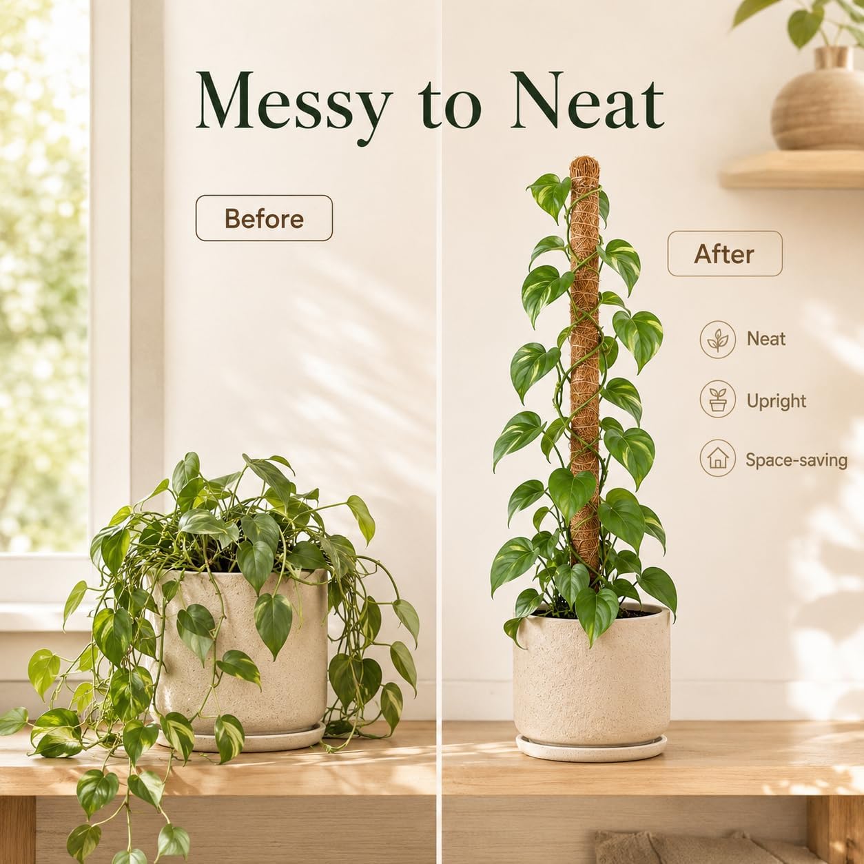 Moss pole monstera plant support, 28 inch bendable coir pole for climbing plants, heavy-duty trellis plant sticks for indoor potted plants, includes jute rope & straps - view 7