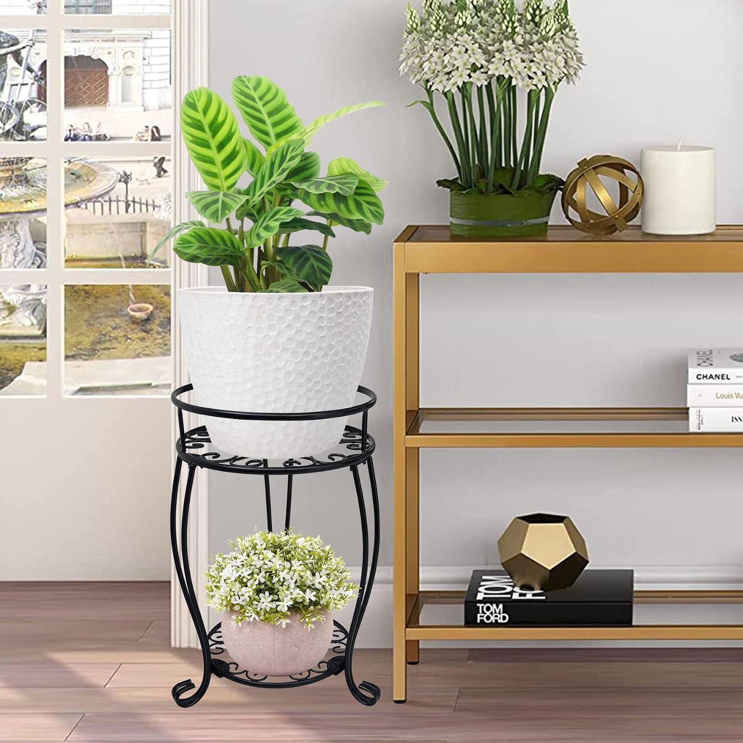 2 tier plant stand, 19.2 inch tall metal potted holder rack, indoor outdoor multiple flower pot shelf rustproof iron garden container for garden patio living room corner balcony, black - view 3