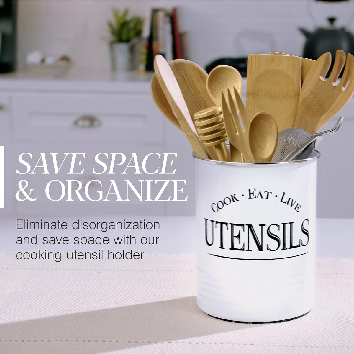 Original kitchen utensil holder crock, white with premium padded base - vintage farmhouse home kitchen decor - large kitchen tool utensil storage caddy organizer - view 4
