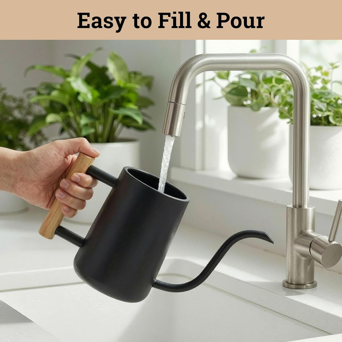 Metal small indoor watering can with long spout & real wood handle, 35oz | long spout, stainless steel, real wood handle, gentle flow, no spills, suitable for house plants, succulents & seedlings - view 4