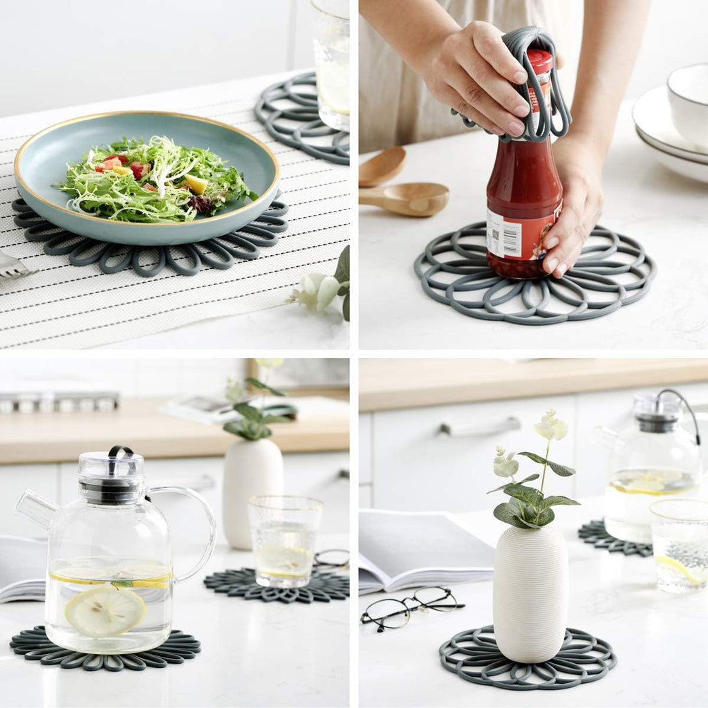 Set of 3 silicone trivet mat - hot pot holder hot pads for table & countertop - trivet for hot dishes - non-slip & heat resistant modern kitchen hot pads for pots & pans, grey - view 4