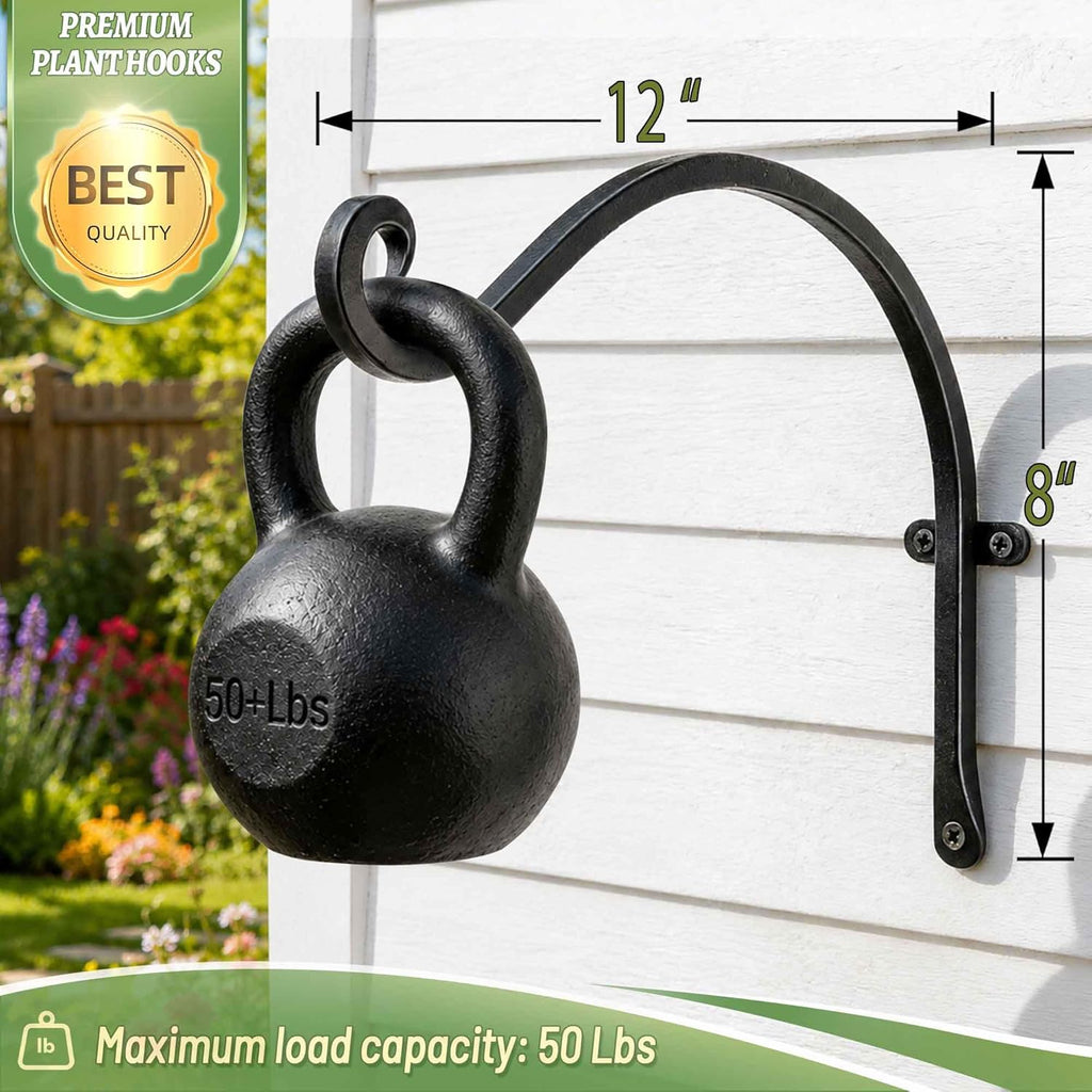 Heavy-Duty Plant Hanger Outdoor: 50 Lbs Wall Mount Bracket Hook | 12 Inch / 2 Pieces Hanging Metal Bracket for Wooden Fence, Rust Proof Solid Iron, Hardware for Brick Wall, Yard Decor - view 3
