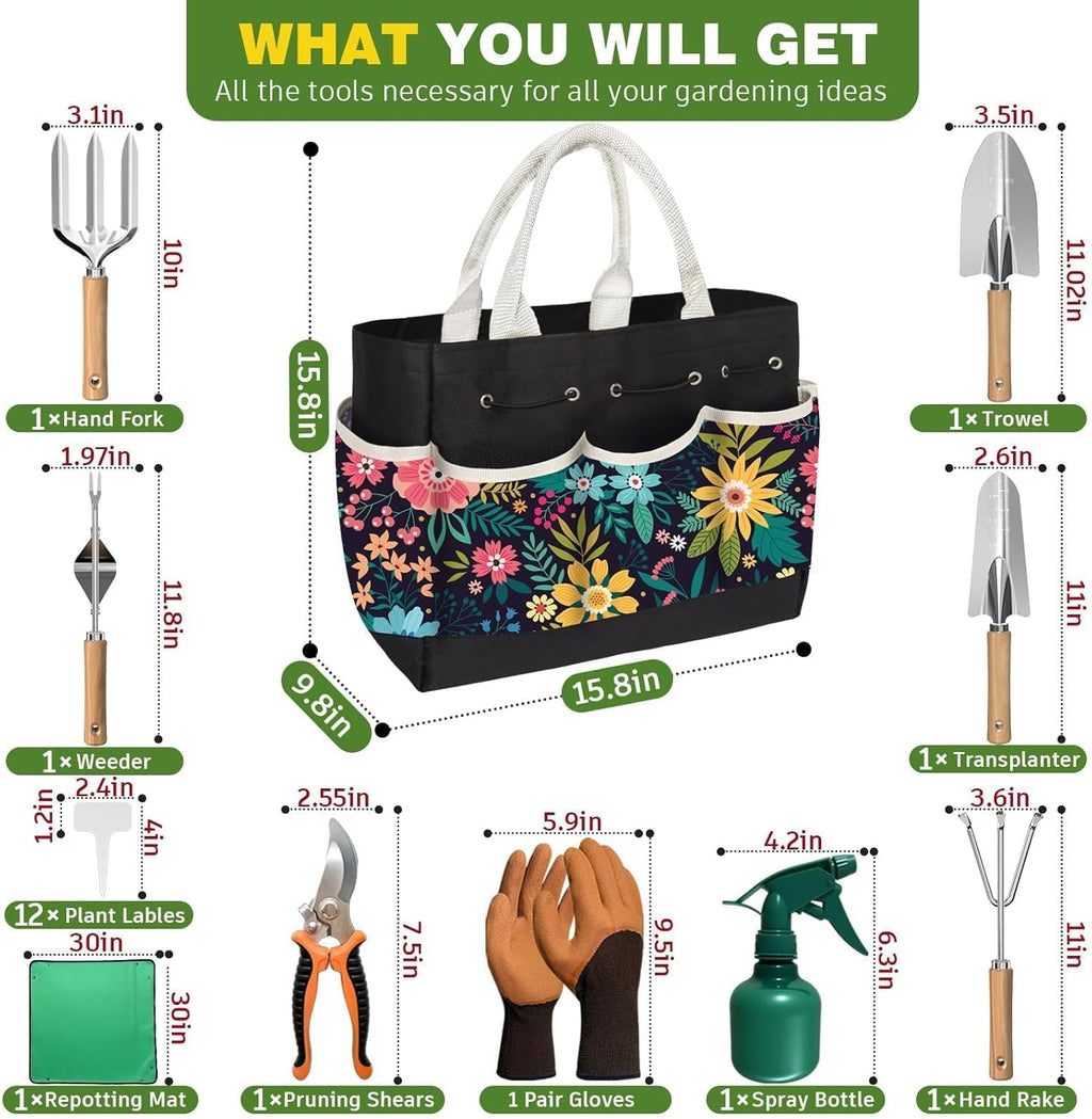 22pcs gardening tools set for women heavy duty garden hand tool kit birthday gifts for mom her wife grandma beginner gardening accessories with tote bag/shovel/repotting mat/plant labels/gloves-black - view 2