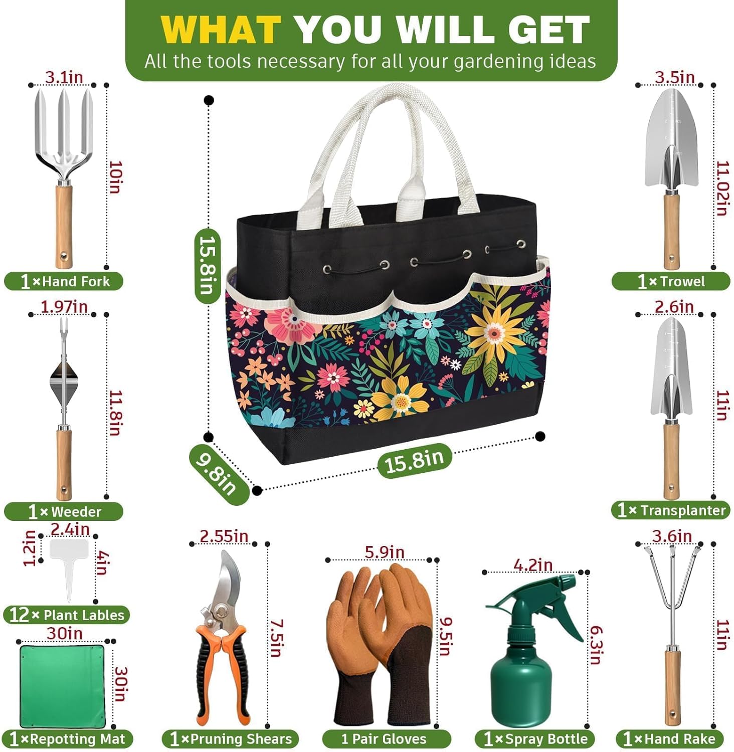22pcs gardening tools set for women heavy duty garden hand tool kit birthday gifts for mom her wife grandma beginner gardening accessories with tote bag/shovel/repotting mat/plant labels/gloves-black - view 2