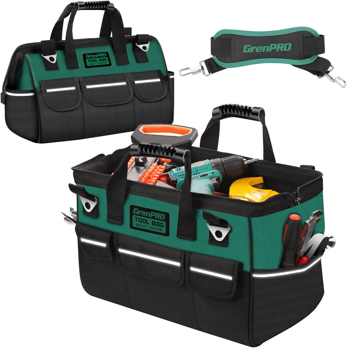 Heavy Duty Garden Tool Bag, Molded Bottom, 10 Pockets, Dark Green | Reinforced garden organizer tote stands upright with a molded base and top snap closure for tool storage. Tools not included - view 7