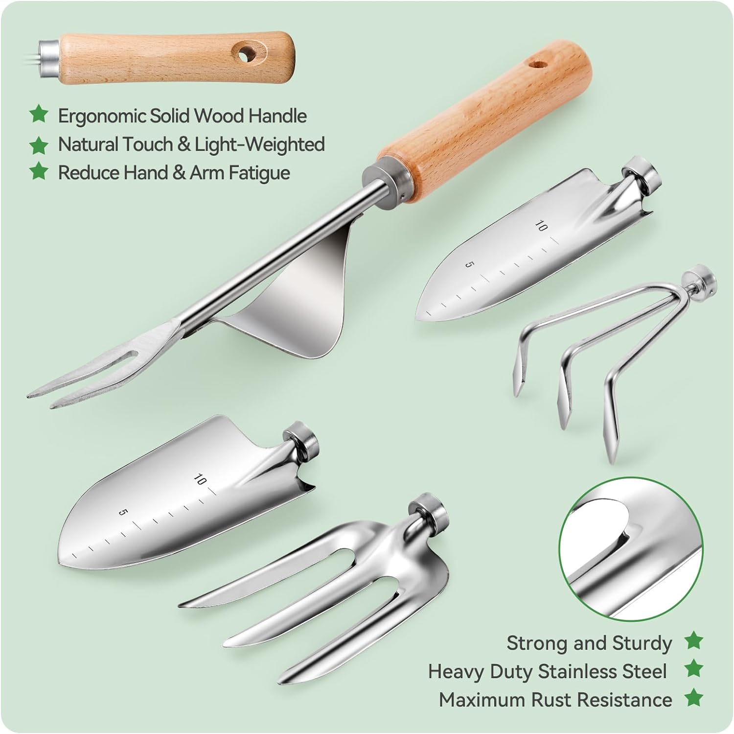 Heavy Duty Gardening Tools with Handbag, Gardening Gifts for Women | Rust-Resistant Steel Garden Tool Sets for Women, Men, Durable, Ergonomic Wooden Handle, Idea for Planting Work - view 4