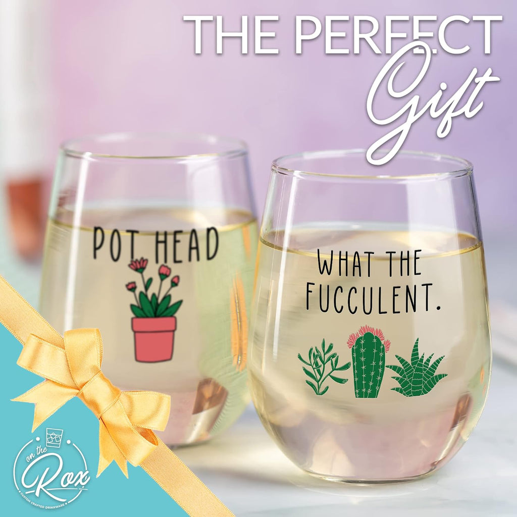 Succulent cactus gifts for women - set of 2 funny wine glasses 15oz - plant lover gift mug - what the fucculent - pot head crazy - plant lady wine glass tumbler - custom stemless wine glasses - view 5
