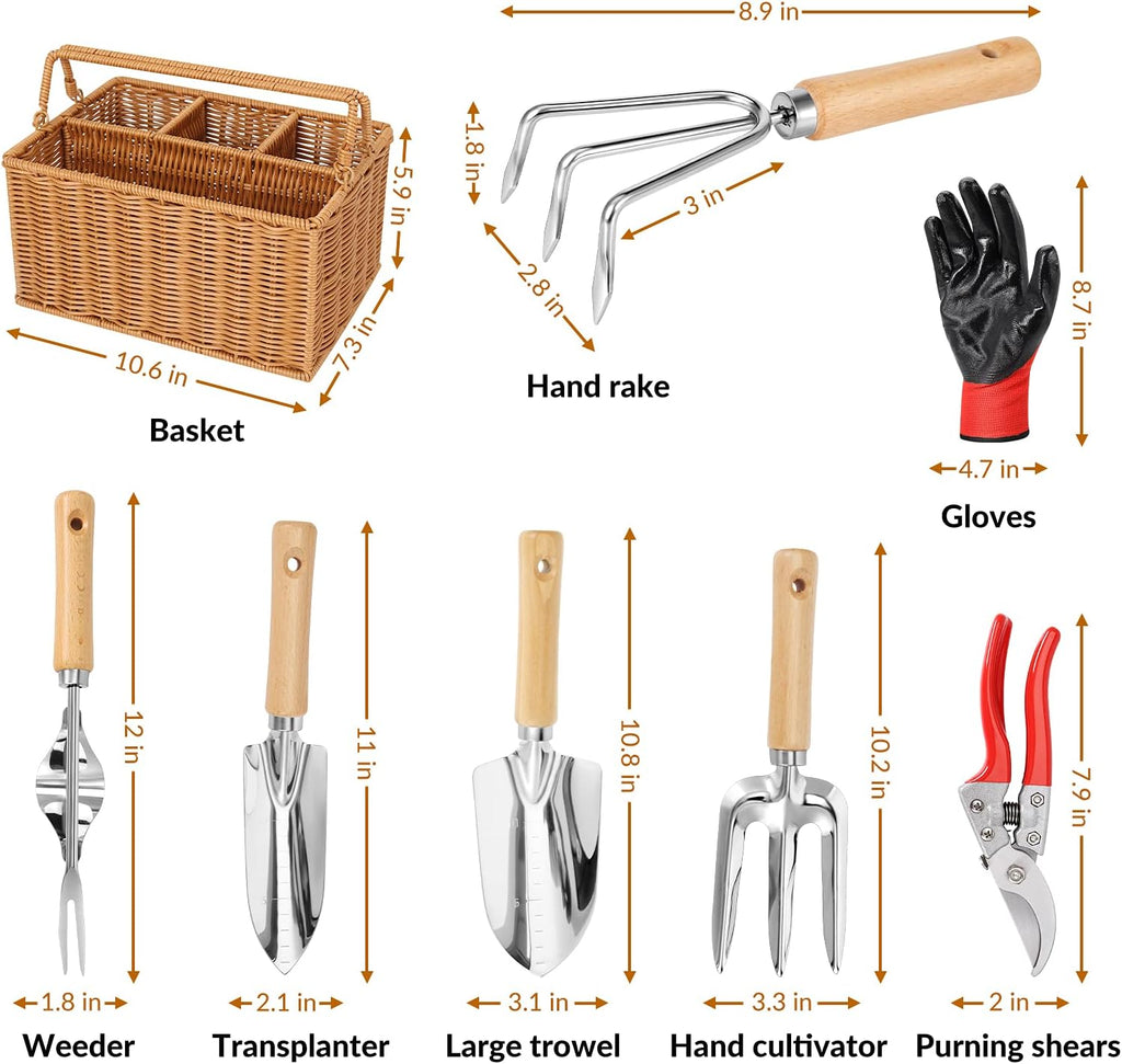 8 Piece Garden Tools Set with Basket, Gardening Gifts for Women Men | Heavy Duty Stainless Steel Pruning Shears, Trowels, Weeder, Rake, Garden Hand Tools And Gloves With Wood Handles - view 2