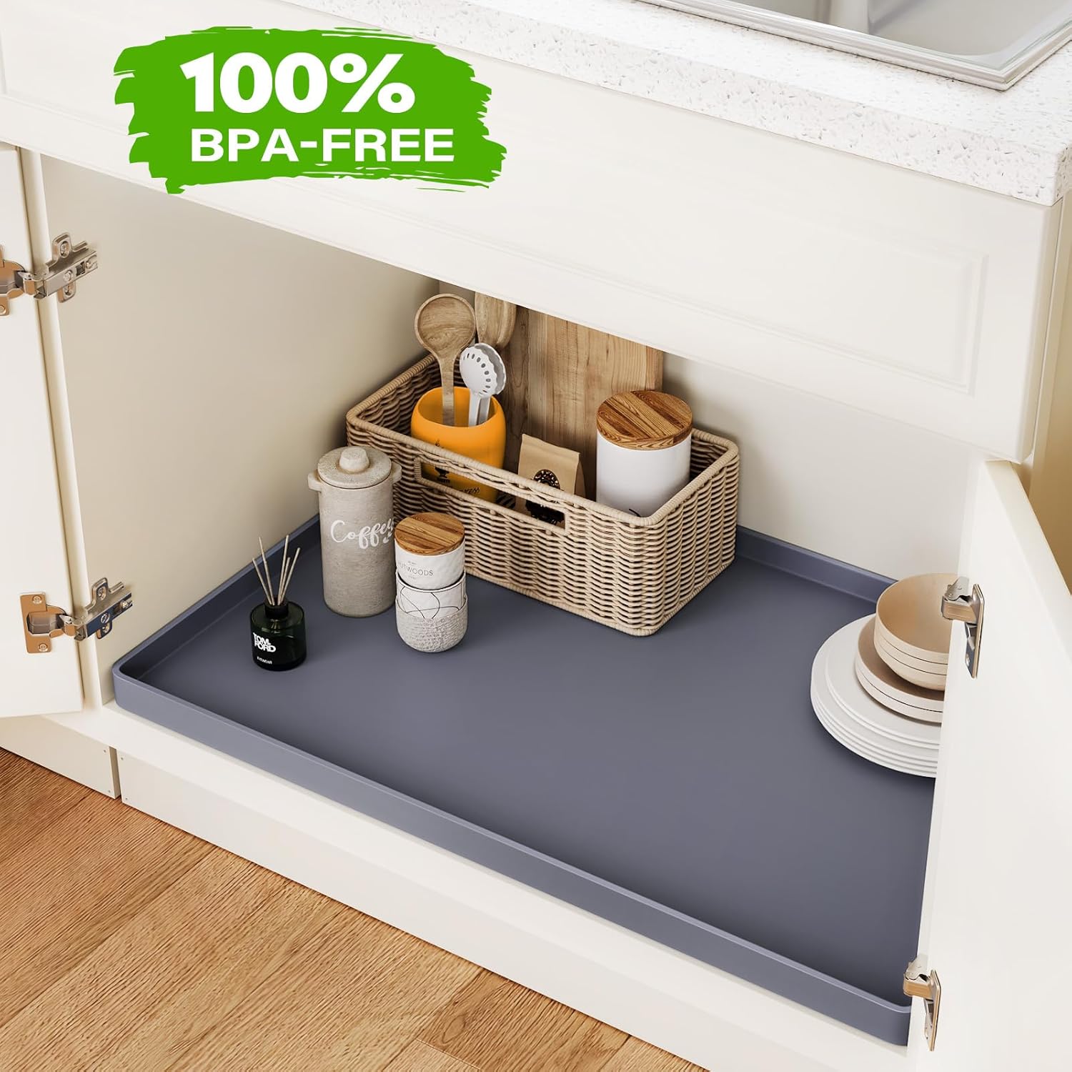 Waterproof Under Sink Mat, 37" x 22", Black | Shelf Liner for Kitchen and Bathroom, Cabinet Protector, Organizers and Storage, Flexible Silicone Drip Tray - view 4