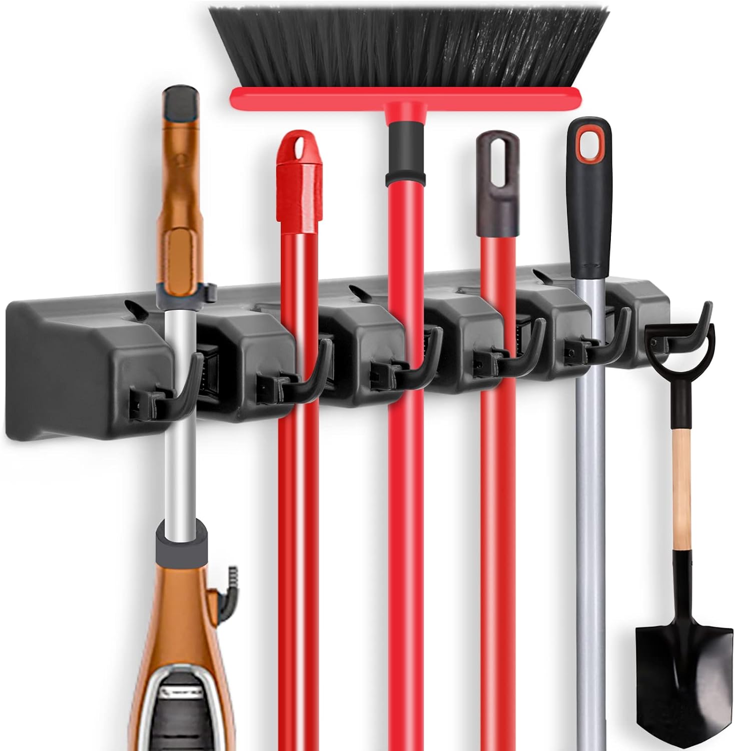 Mop and Broom Holder, Wall Mount Organizer Storage Tool Rack | Broom and Mop Organizer Wall Hanging for Garage, Laundry Room, Garden, Utility, 5 Ball Slots and 6 Hooks(Black)