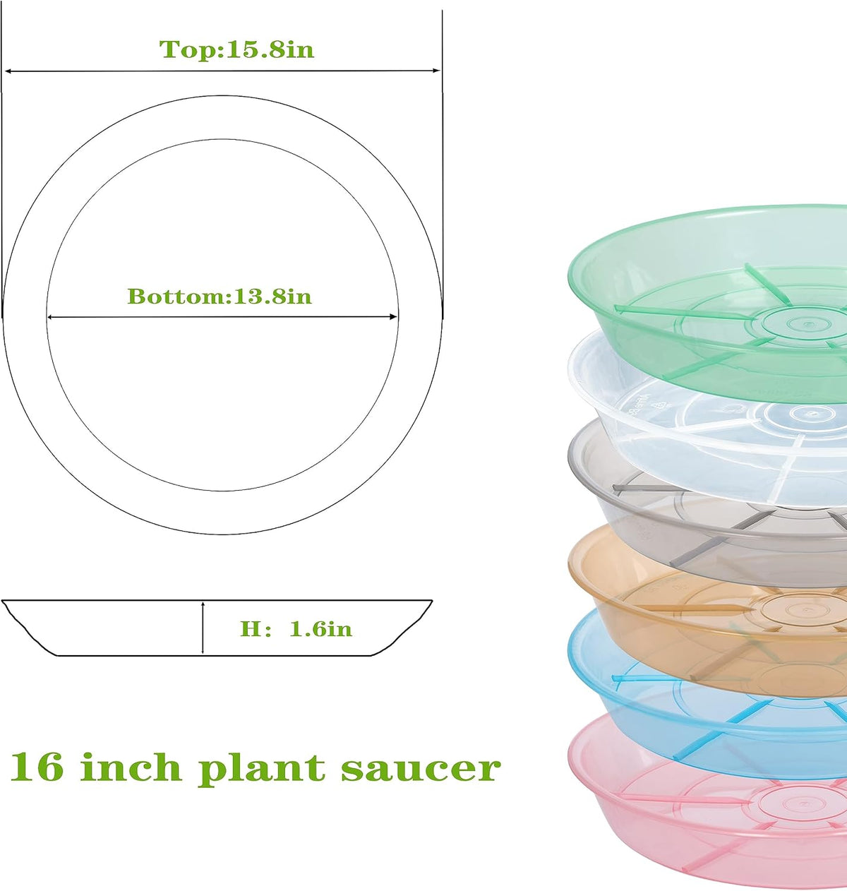 6 pack plant saucer drip tray 16 inch, potting trays for plants, heavy sturdy plastic planter flower pot saucers for indoor outdoor garden, plant water drip trays for pots (16", clear) - view 2