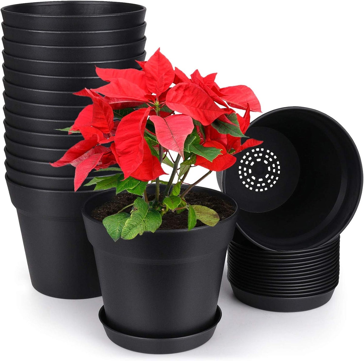 7.5 Inch Plastic Flower Pots with Drainage Holes and Trays (8 Pcs) | Cream white indoor planters suit orchids, snake plants, herbs and succulents for windowsills, balconies, gardens and offices. - view 3