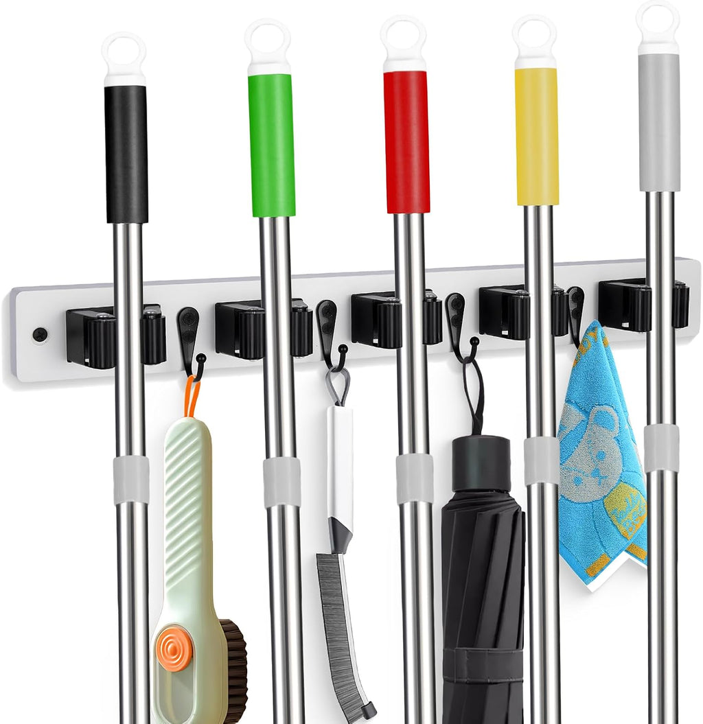 Broom Holder Wall Mount With 5 Slots & 4 Hooks，Rustic Wood Broom & Mop Hanger，Wall Mounted Garden & Garage Tool Storage Organizer Rack for Closet Laundry Room or Kitchen Wall Decor - view 6