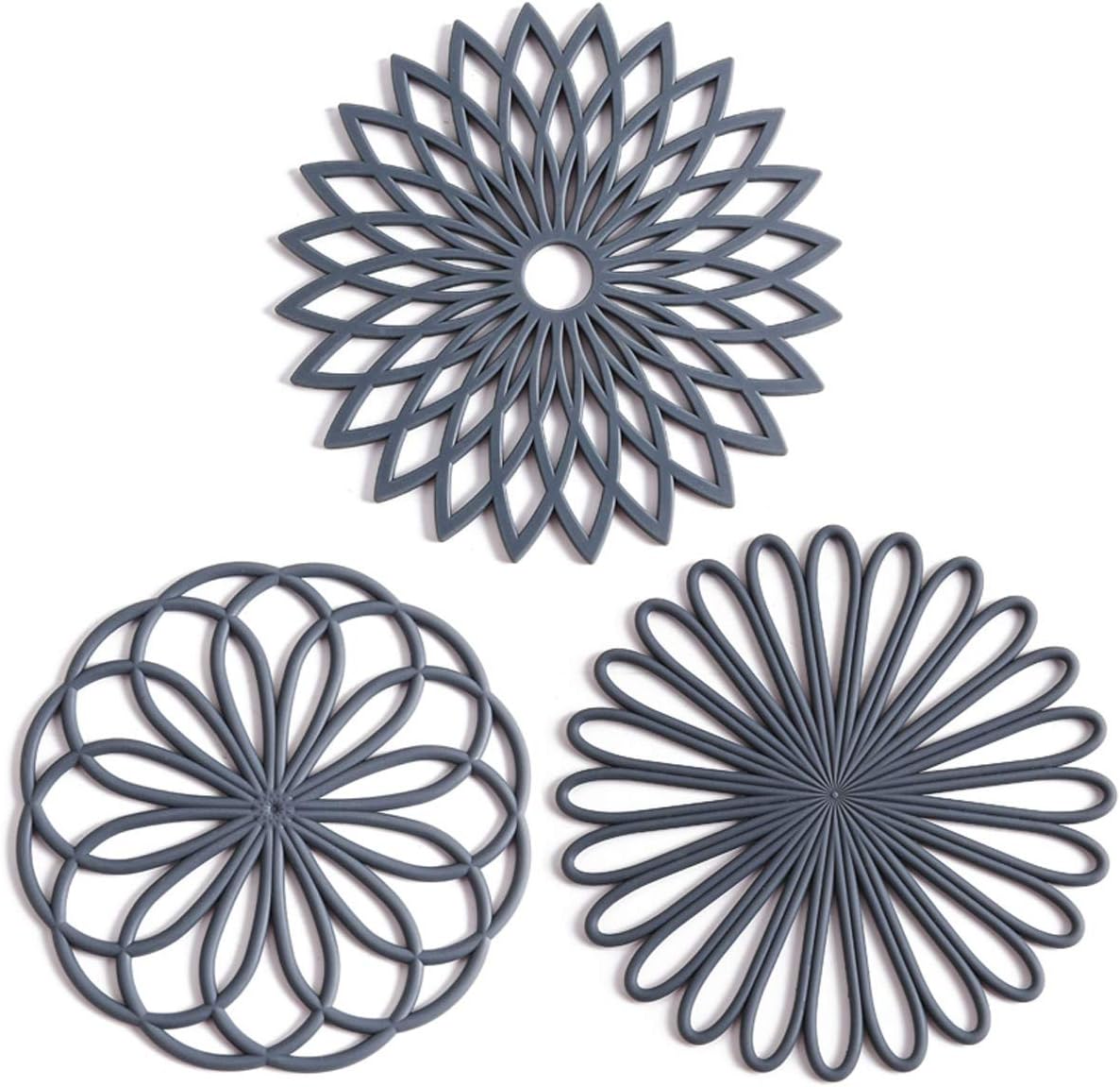 Set of 3 silicone trivet mat - hot pot holder hot pads for table & countertop - trivet for hot dishes - non-slip & heat resistant modern kitchen hot pads for pots & pans, grey
