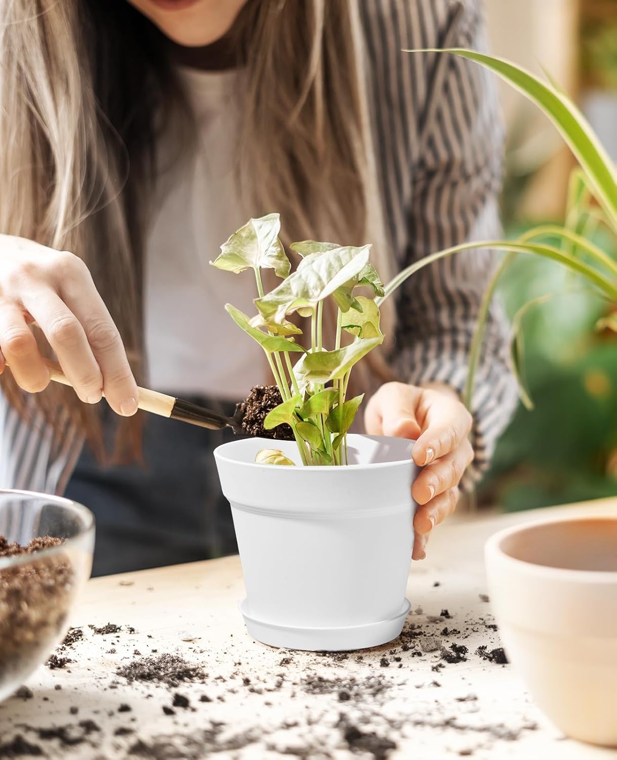 6 Inch Plastic Plant Pots with Drainage Holes and Trays (15 Pcs) | Cream white finish suits orchids, succulents, herbs and houseplants for windowsills, balconies, shelves, kitchens or offices. - view 2