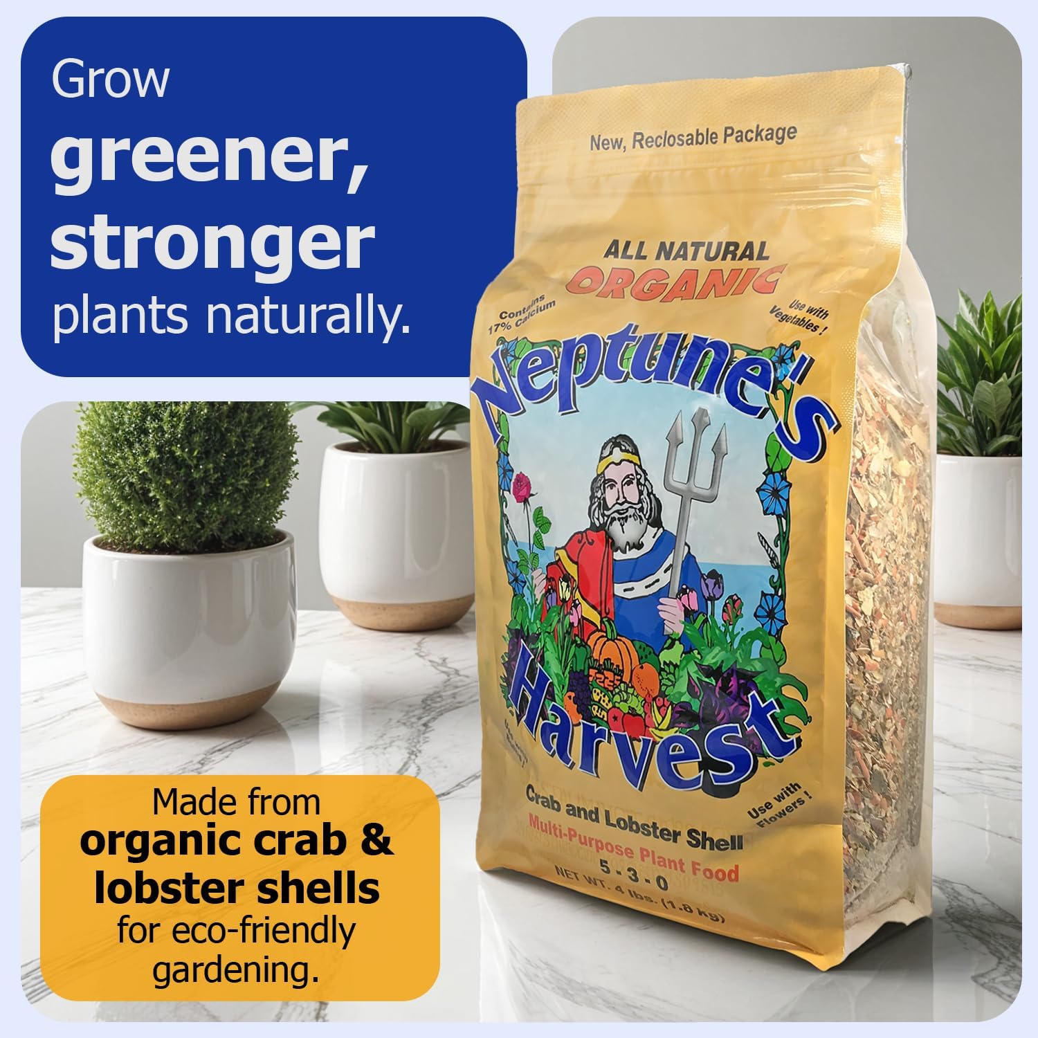 Neptune’s Harvest Organic Crab & Lobster Shell Multi-Purpose Plant Food (5-3-0) - 4 LB Resealable Bag - Rich in Nutrients Soil Fertilizer - Plant Food for Lawns, Gardens, and Vegetables - view 2