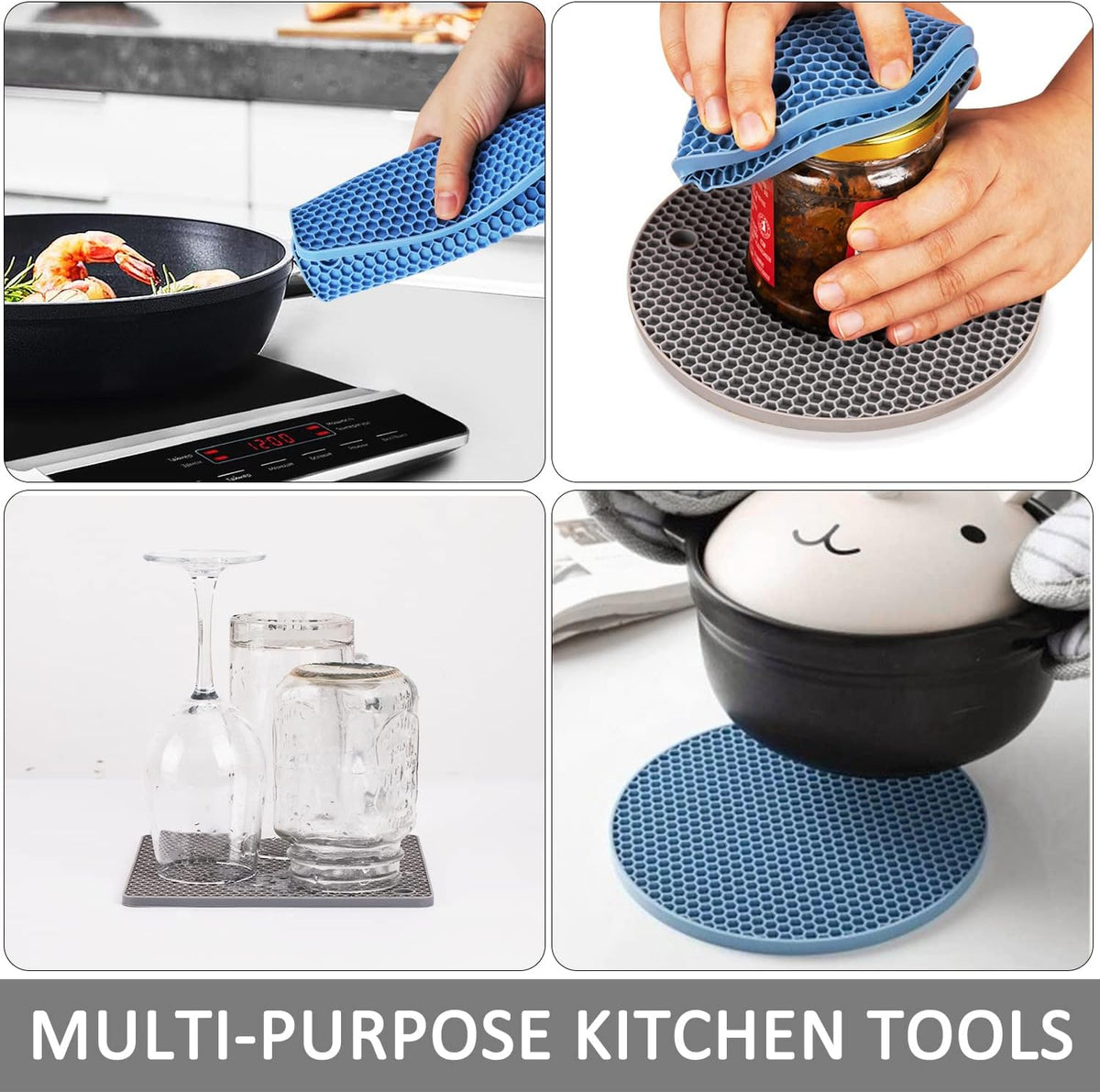 Trivets for hot dishes, 4 pack silicone hot pads for kitchen, non-slip heat resistant silicone mat for countertops, spoon rest, multipurpose food grade thick trivet (gray & blue) pot holders - view 3