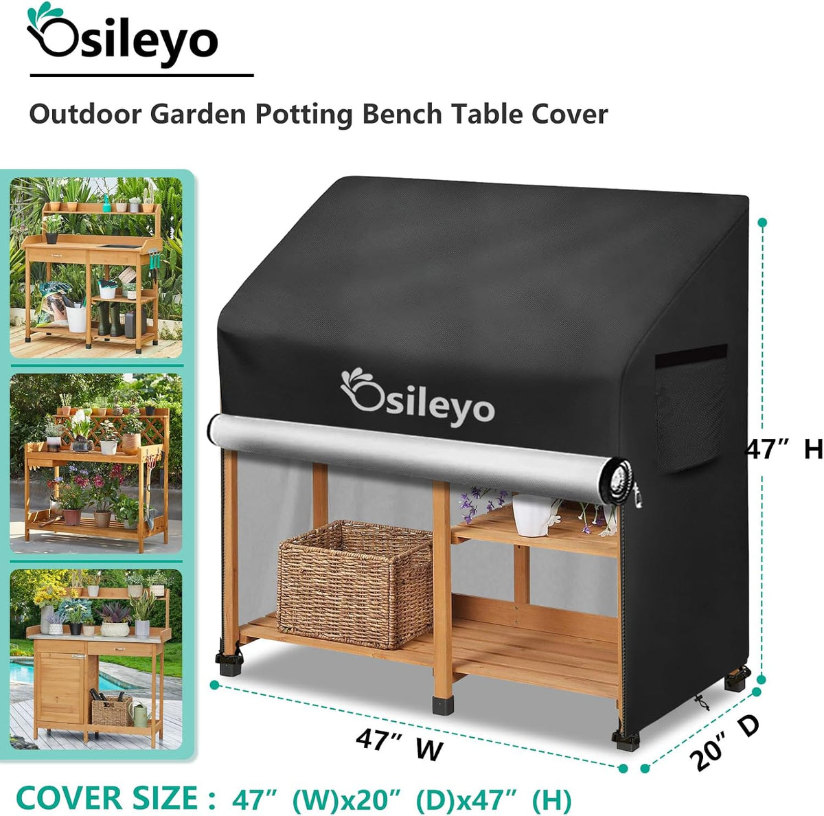 Outdoor Garden Potting Bench Table Cover with Split Zipper,600D Tough Canvas Waterproof Anti-UV All Season Weather Complete Protection Cover.(47" x 20" x 47"),Black - view 2