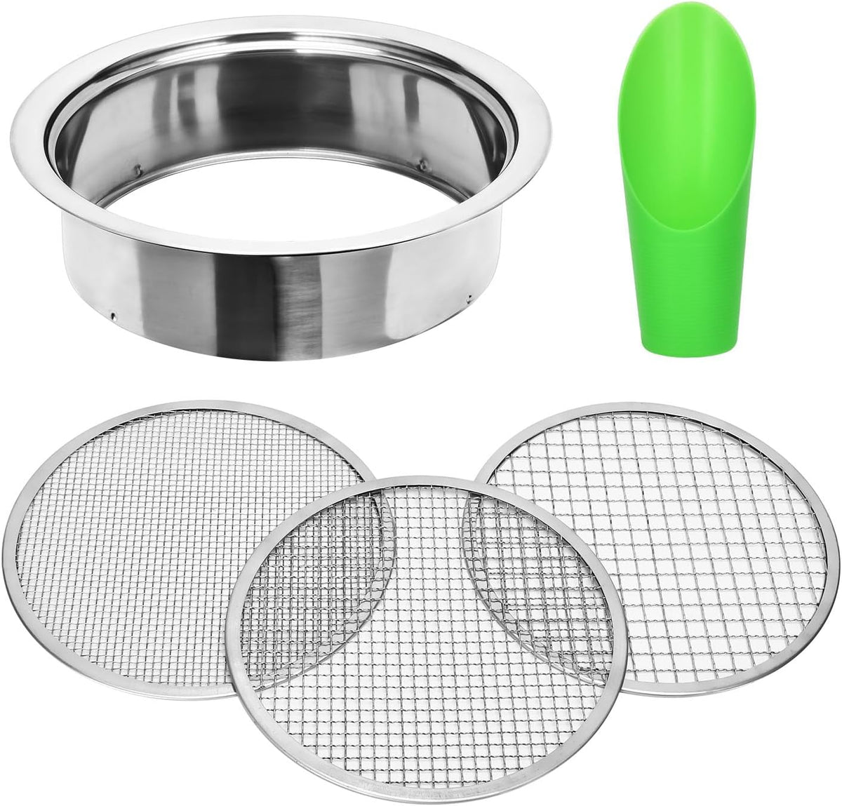 Soil sifter garden soil sieve stainless steel sieve set, with 3 interchangeable filter mesh-3,6,9mm sieve for dirt, sand, rock, filtration, compost
