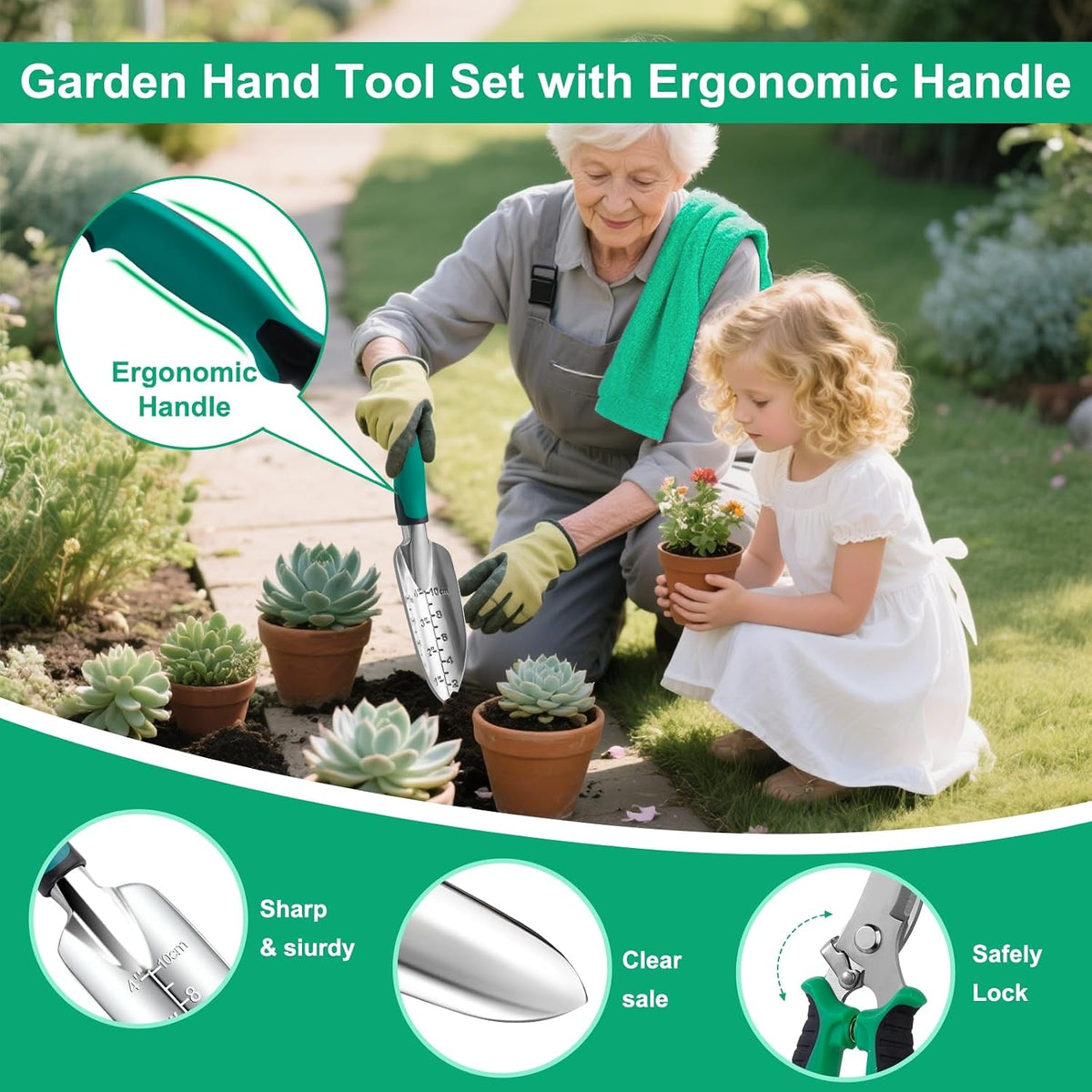 Garden Tool Set, 12-Piece Complete Stainless Steel Gardening Essentials, Heavy Duty Garden Tools with Large Storage Tote, Gardening Gifts for Women, Men, Mom & Dad Beginners Gardeners, Green - view 3