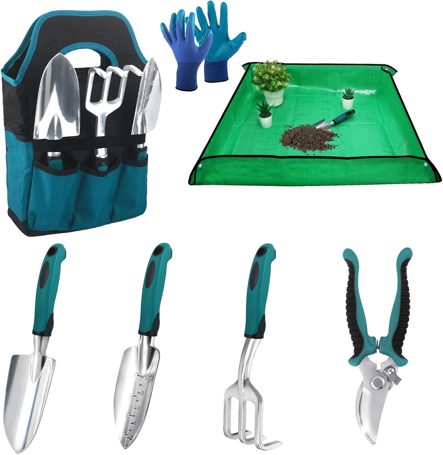 Garden tools sets, gardening tool set with 39.3 in repotting mat, 7 piece gardening kit with non slip ergonomic handle, heavy duty garden tool bag gardening supplies for women and men