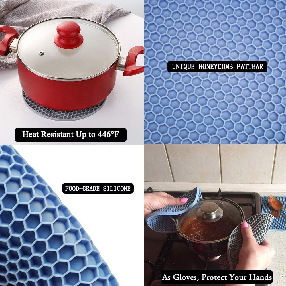 Trivets for hot dishes, 4 pack silicone hot pads for kitchen, non-slip heat resistant silicone mat for countertops, spoon rest, multipurpose food grade thick trivet (gray & blue) pot holders - view 4