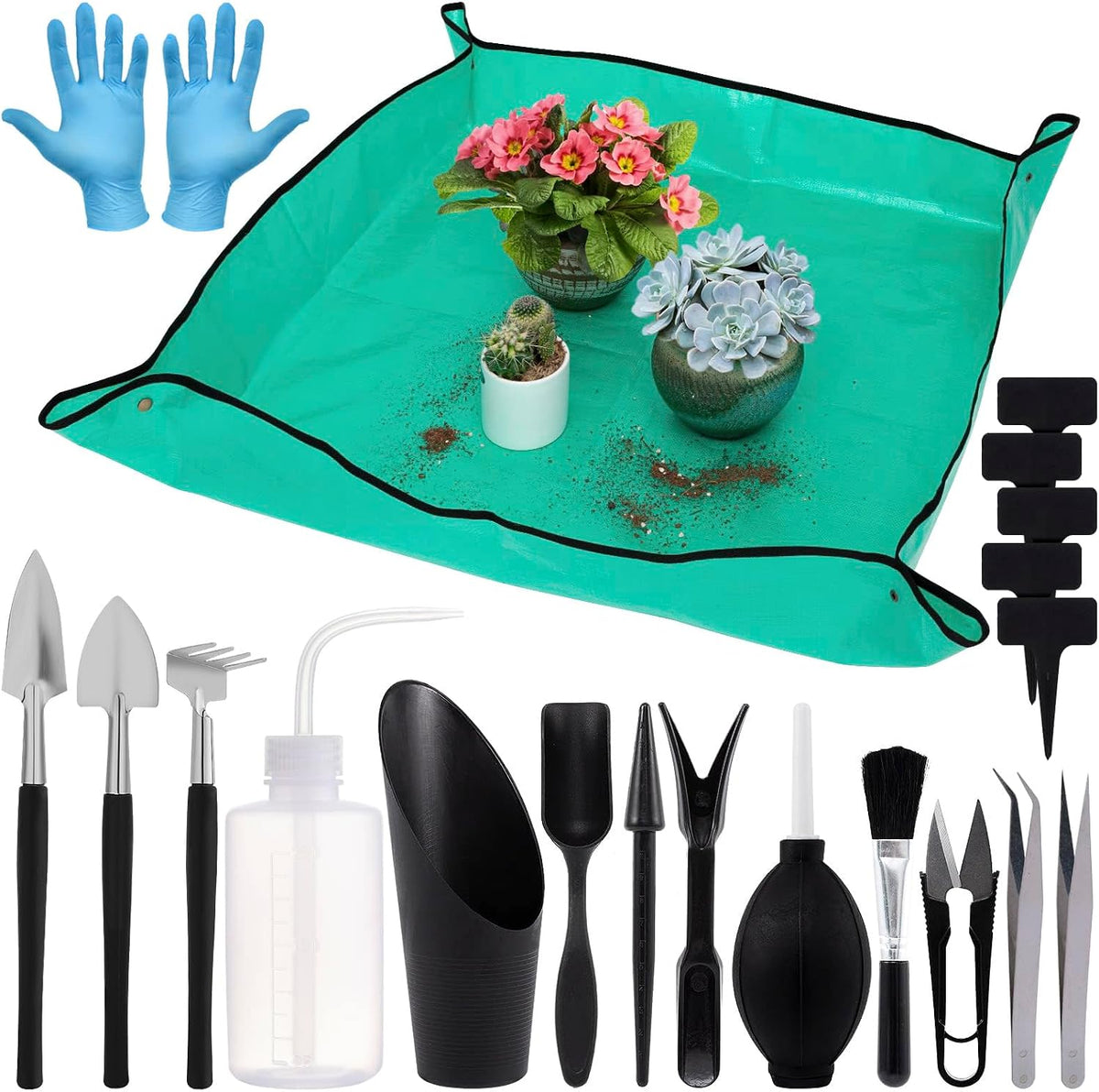 20pcs small gardening tools gifts for women beginners - garden hand tools set for indoor succulent bonsai plants transplanting, included 39.4" plant repotting mat/miniature shovel/labels, green