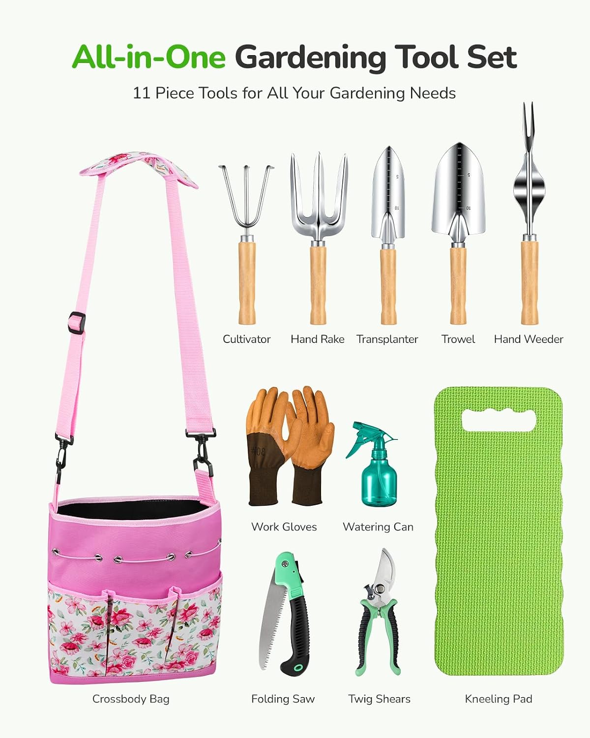 Gardening Tools Set, 11-Piece Rust-Proof Kit with Bag, Pink | Steel garden tool sets with canvas bag, Rust resistant kit for outdoor planting, Gardening gifts for women and men - view 2