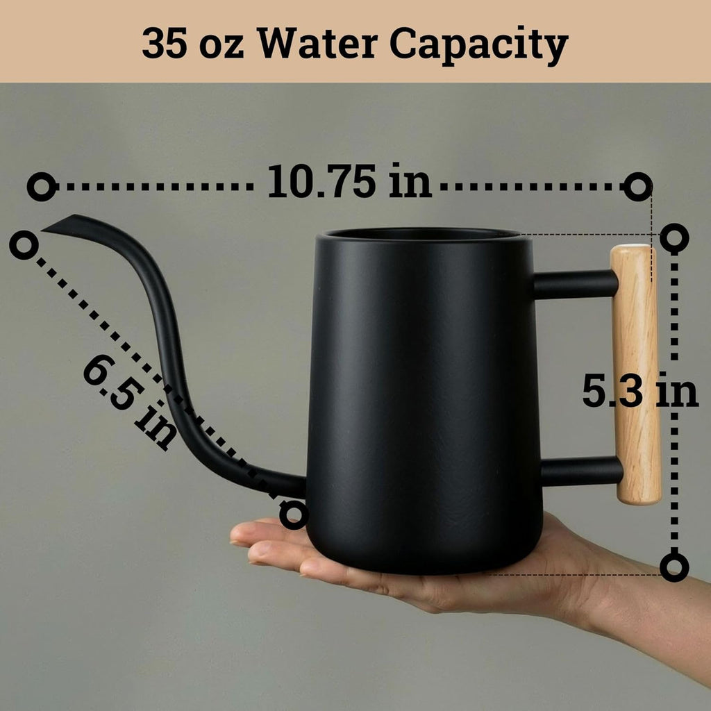 Metal small indoor watering can with long spout & real wood handle, 35oz | long spout, stainless steel, real wood handle, gentle flow, no spills, suitable for house plants, succulents & seedlings - view 6