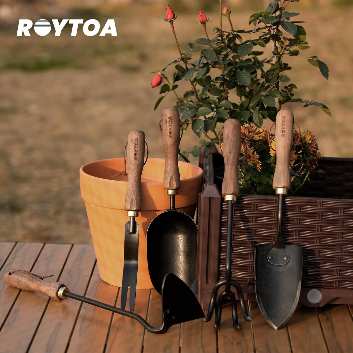 Garden Tool Set, 5PCS Gardening Tools, Stainless Steel Heavy Duty Hand Cultivator, Hoes, Shovel, Trowel and Weeder with Ergonomic Walnut Handle, Gardening Gifts for Women - view 7