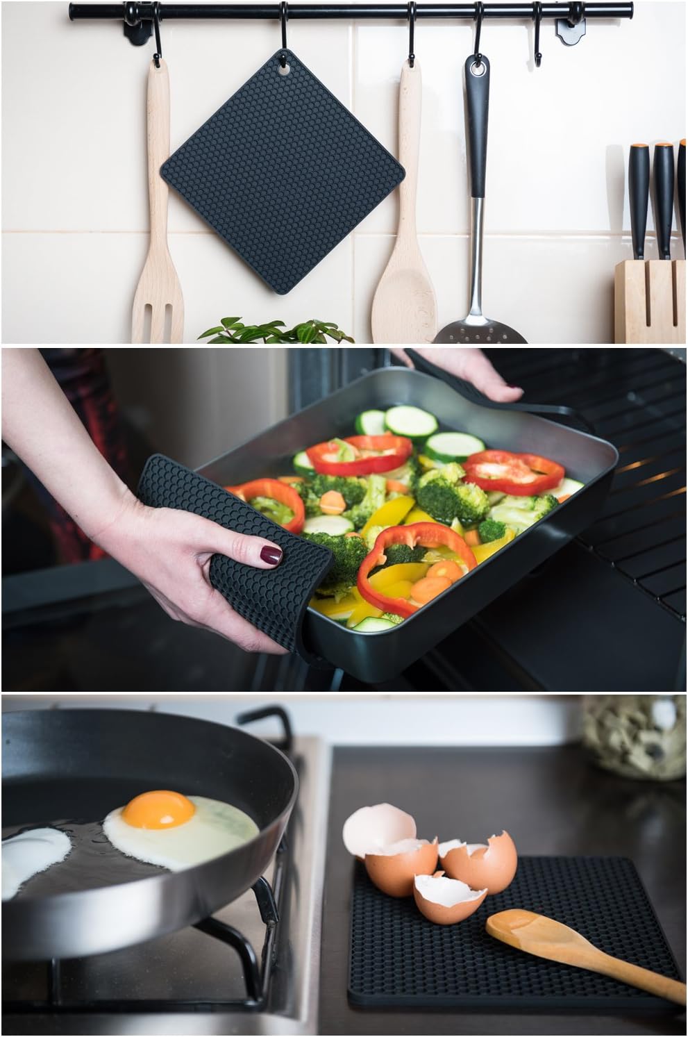 Silicone trivet for hot dishes. Silicone pot holders are heat resistant mats for countertop up to 440°F, multipurpose - non slip jar opener hot disher spoon rest food grade & BPA free (black) - view 5