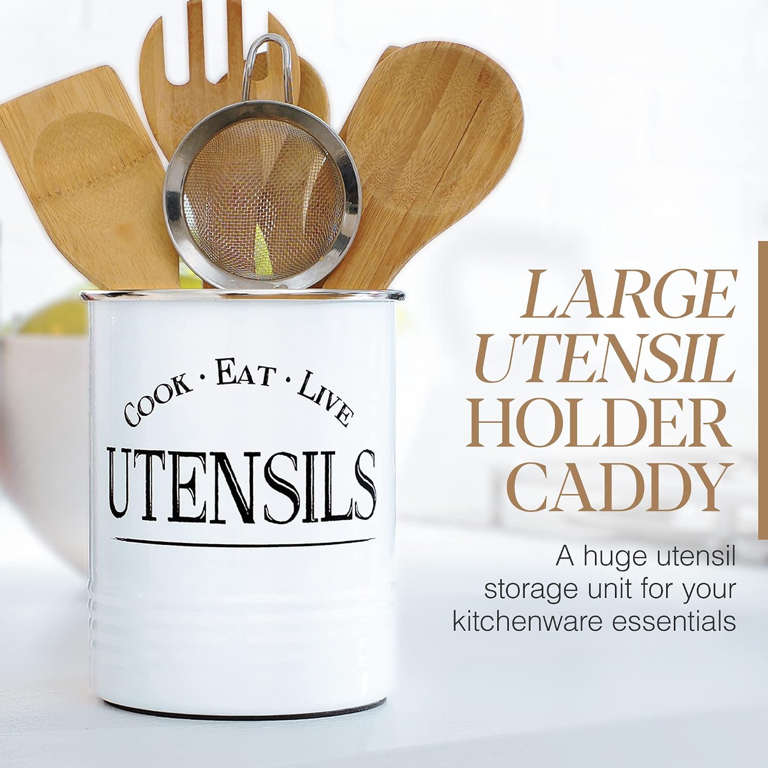 Original kitchen utensil holder crock, white with premium padded base - vintage farmhouse home kitchen decor - large kitchen tool utensil storage caddy organizer - view 2