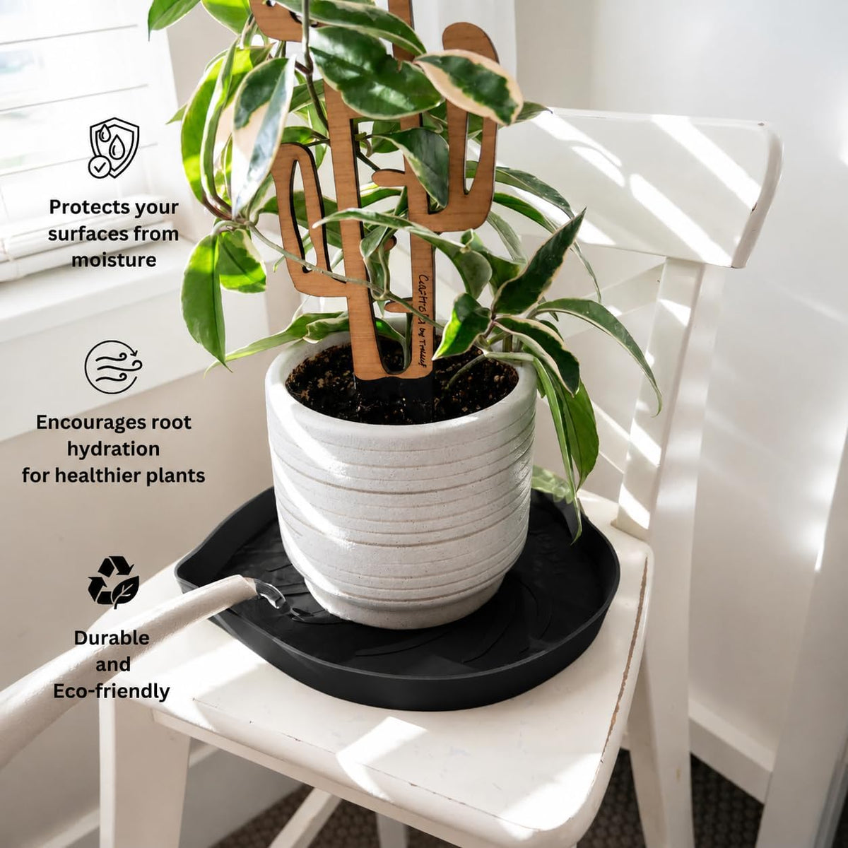 Mia Bottom Watering Plant Saucer – 10 inches Self-Watering Plant Tray for Indoor Plants, Leaf-Shaped Pot Saucer with Water Reservoir for Healthy Root Growth - Black - view 4