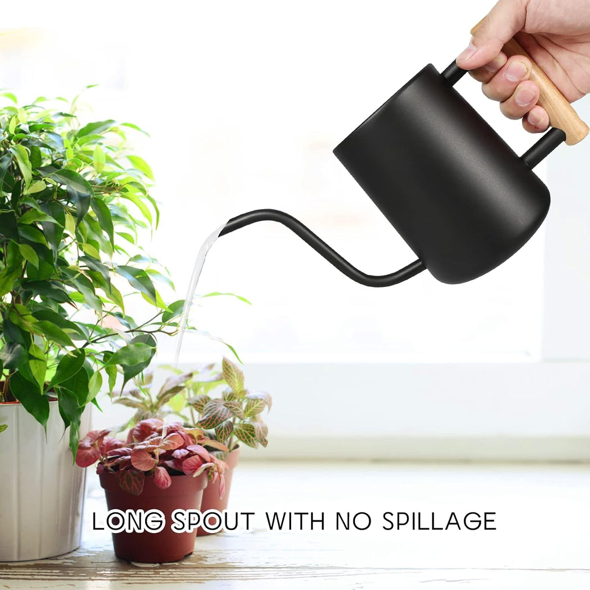 Watering can for indoor plants, 35 oz/1000 ml metal stainless steel pot with long spout for house plants bonsai outdoor garden flower decorative (black) - view 3