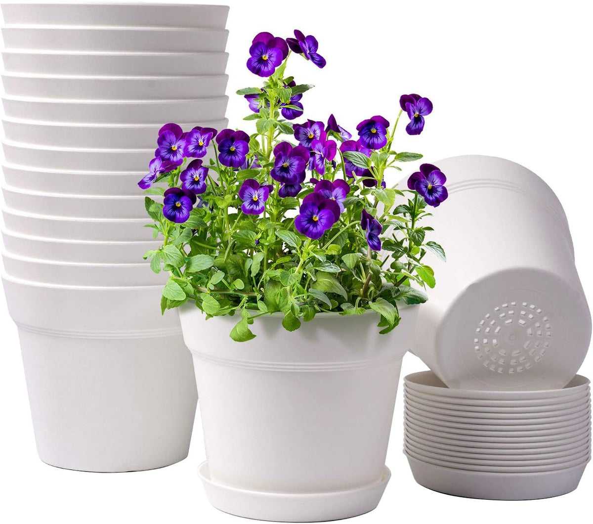 6 Inch Plastic Plant Pots with Drainage Holes and Trays (15 Pcs) | Cream white finish suits orchids, succulents, herbs and houseplants for windowsills, balconies, shelves, kitchens or offices.