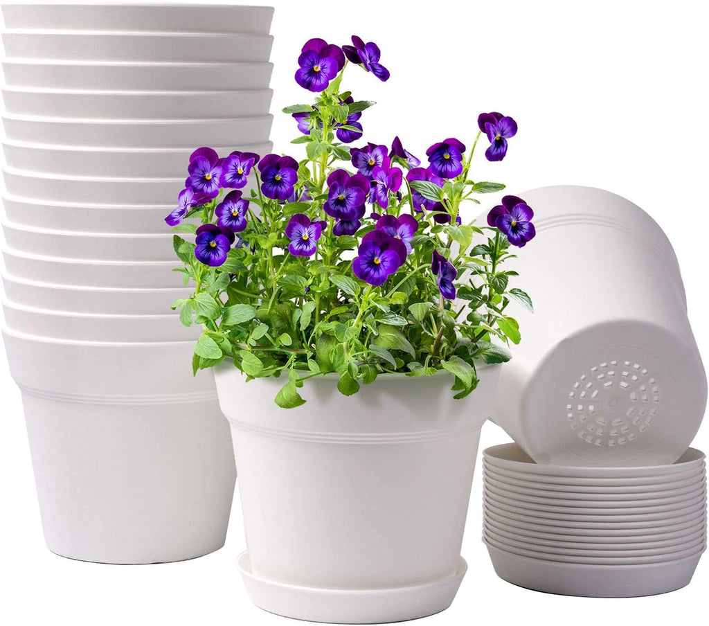 7.5 Inch Plastic Flower Pots with Drainage Holes and Trays (8 Pcs) | Cream white indoor planters suit orchids, snake plants, herbs and succulents for windowsills, balconies, gardens and offices. - view 2