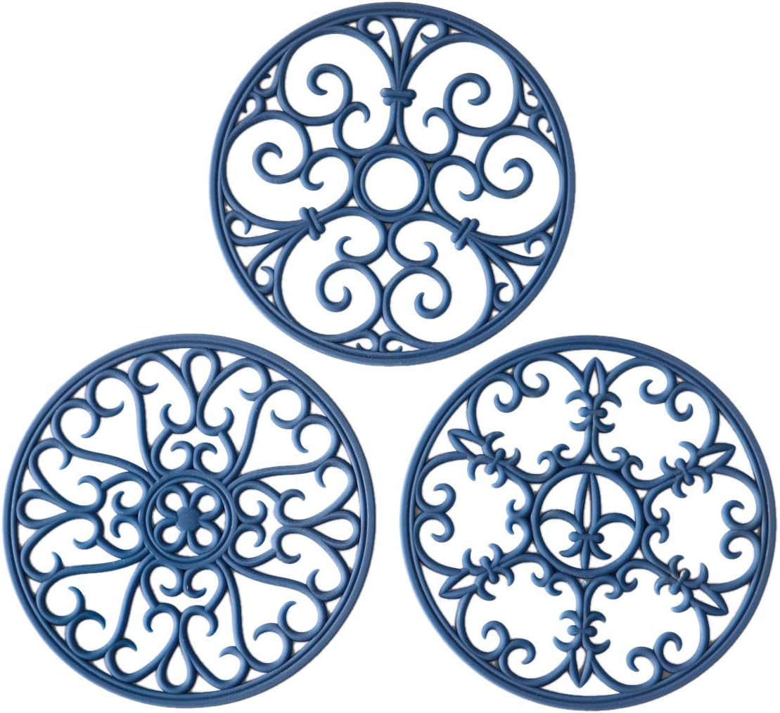 Silicone trivet mat - hot pot holder hot pads for table & countertop - teapot trivet kitchen trivets - non-slip & heat resistant modern kitchen hot pads for pots & hot dish navy blue trivet set of 3