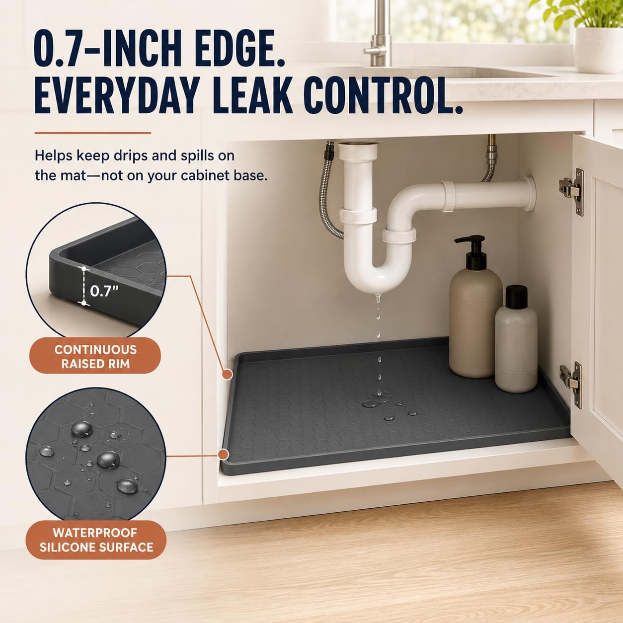 28"x19" Silicone Under Sink Mat for Bathroom/Kitchen Cabinet Organizer Mat | Leak-Proof Waterproof Liner Pad & Anti-Spill Tray | 0.7in Edge Barrier, 3.5Gal Capacity - view 3