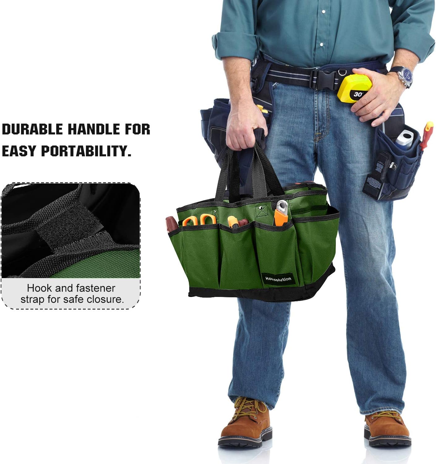 Gardening Tote Bag, Deluxe Garden Tool Storage Bag and Home Organizer with Pockets, Wear-resistant & Reusable, 12 Inch, Dark Green - view 5