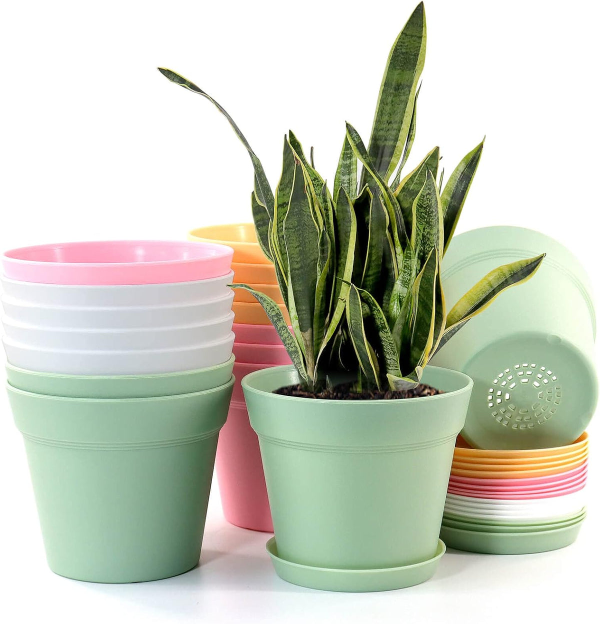 16 Pack 6 inch Plastic Planters, Indoor Flower Pots, Heavy Duty and Stylish 6 Inch Plant Pots for Indoor Plants with Drainage Holes and Tray for Plants, Flowers, Colorful - view 2