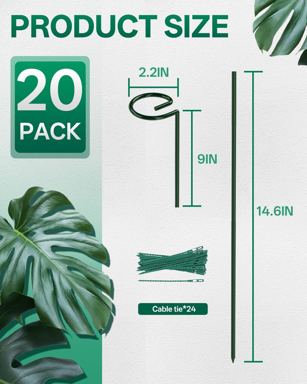 20 Pack 23.6 In Metal Plant Stakes, Plant Support Stakes with 15 Twist Tie | Adjustable Plant Supports, Flower Stakes for Indoor Outdoor Plant, Hydrangea, Tomato, Peony, Marigold, Amaryllis, Sapling - view 3