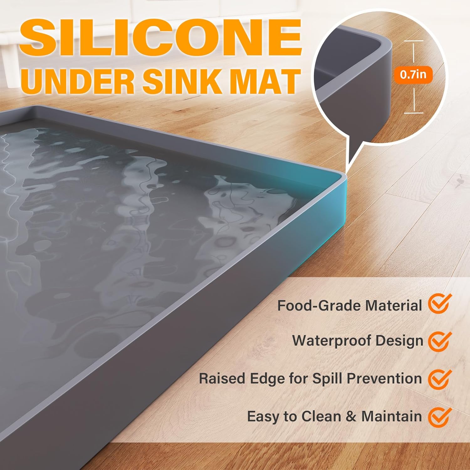 Waterproof Under Sink Mat, 37" x 22", Black | Shelf Liner for Kitchen and Bathroom, Cabinet Protector, Organizers and Storage, Flexible Silicone Drip Tray - view 2