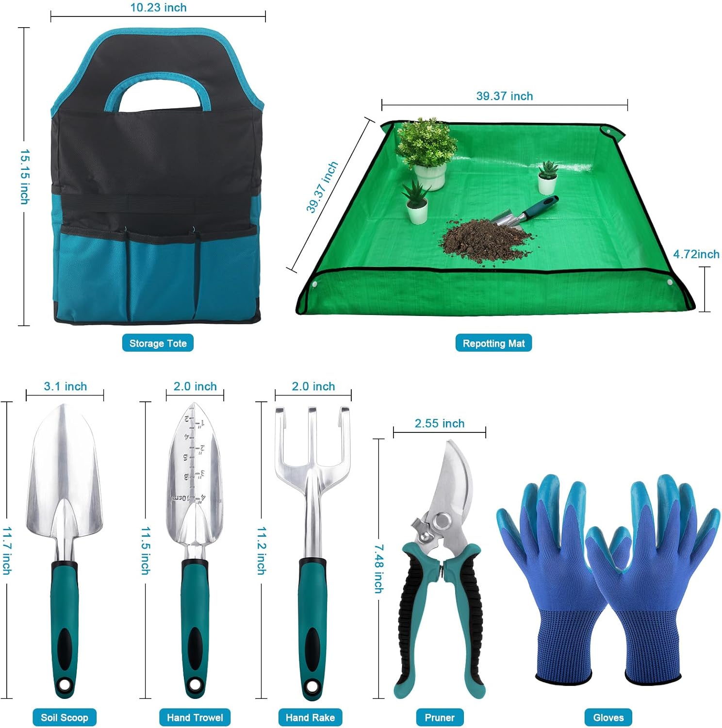 Garden tools sets, gardening tool set with 39.3 in repotting mat, 7 piece gardening kit with non slip ergonomic handle, heavy duty garden tool bag gardening supplies for women and men - view 2