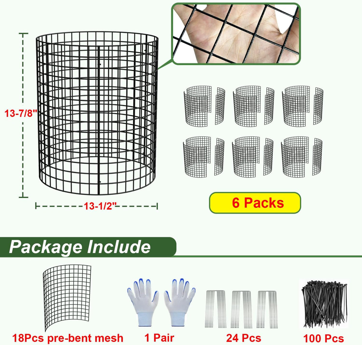 6 Pack Plant Protector from Animals, 13.5" Dia x 14" H Wire Plant Protectors, 18pcs Pre-Bent Metal Mesh to Keep Animals Out with Zip Ties & Stakes (6 Packs) - view 5