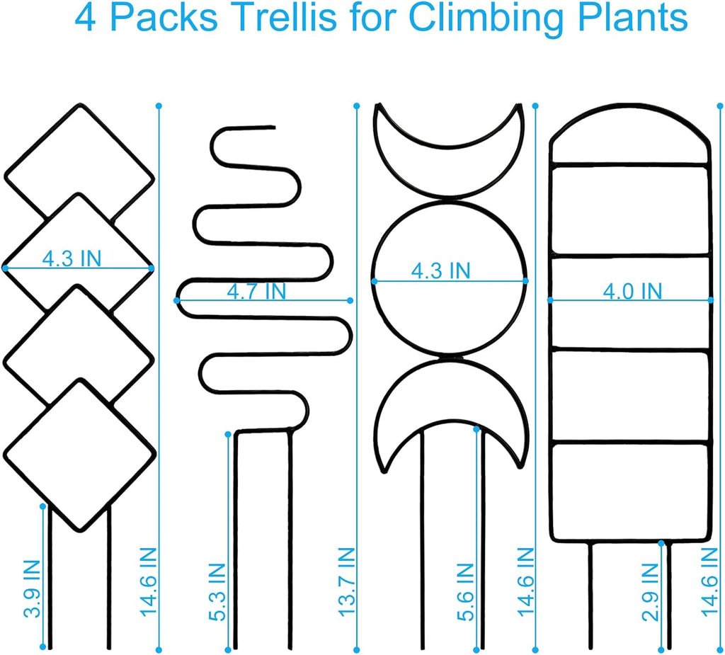 4 Packs Trellis for Climbing Plants Indoor, Small Garden Metal Trellis for Potted Plants Outdoor for Vine Ivy Flower Plant Support, 4 Different Black Iron Patterns - view 2