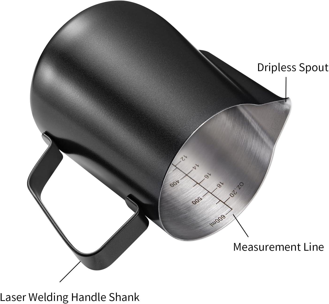 2 Pack Matte Black Milk Frothing Pitcher, 12oz/350ml & 20oz/600ml Espresso Steaming Pitcher, Stainless Steel Milk Frother Steamer Cup, Perfect for Espresso Coffee Cappuccino Latte Art - view 3