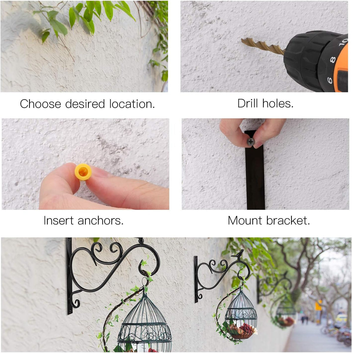 2 Pack Wall Hanging Plant Bracket | 12" Retro Iron Metal Wall Décor Shepards Hook Lantern Wall Hanger for Hanging Plants Outdoor, Bird Feeders, Bird 01 - Black - view 3