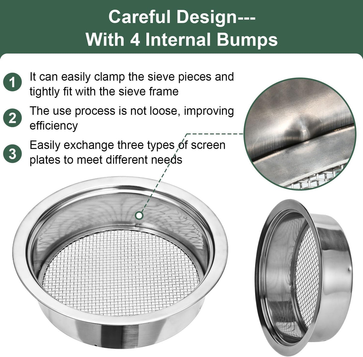 Soil sifter garden soil sieve stainless steel sieve set, with 3 interchangeable filter mesh-3,6,9mm sieve for dirt, sand, rock, filtration, compost - view 2