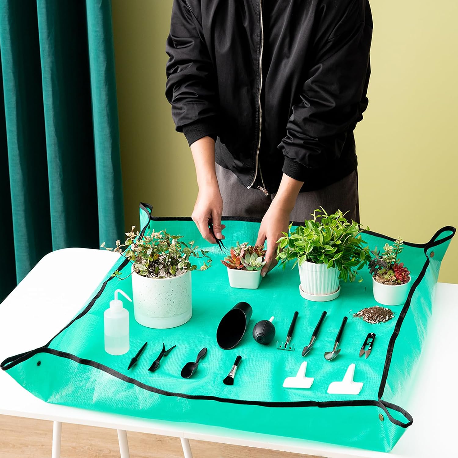 25Pcs Mini Garden Hand Transplanting Succulent Tools Set, 39.4" Thickened Repotting Mat & Plant Tag, Miniature Planting Indoor Fairy Care, Potting, Cactus, Houseplant Bonsai Tool Kit (Black) - view 5